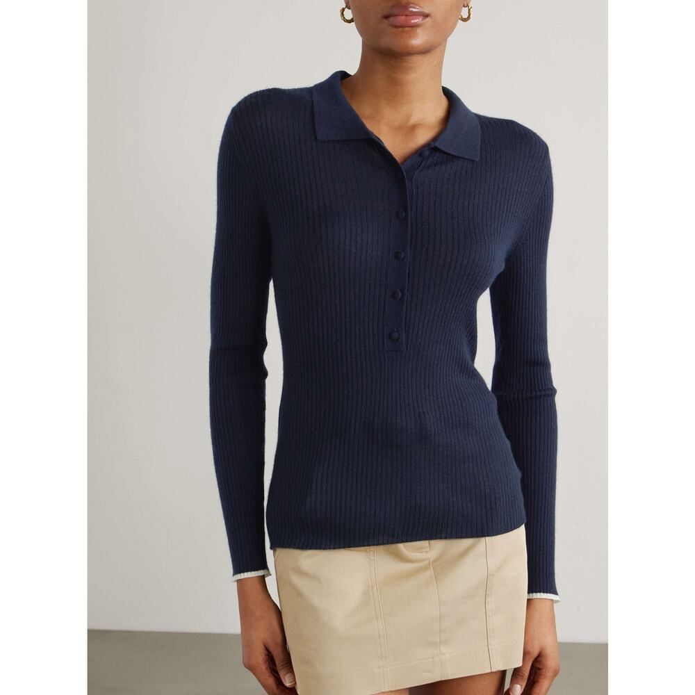 Arch4 Maja Ribbed Organic Cashmere Polo Shirt In Blue M"